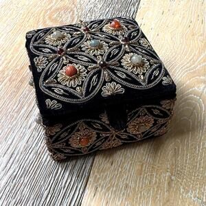 Vintage 1970s Embroidered Jewelry Box Handmade India Velvet Beaded Trinket Case